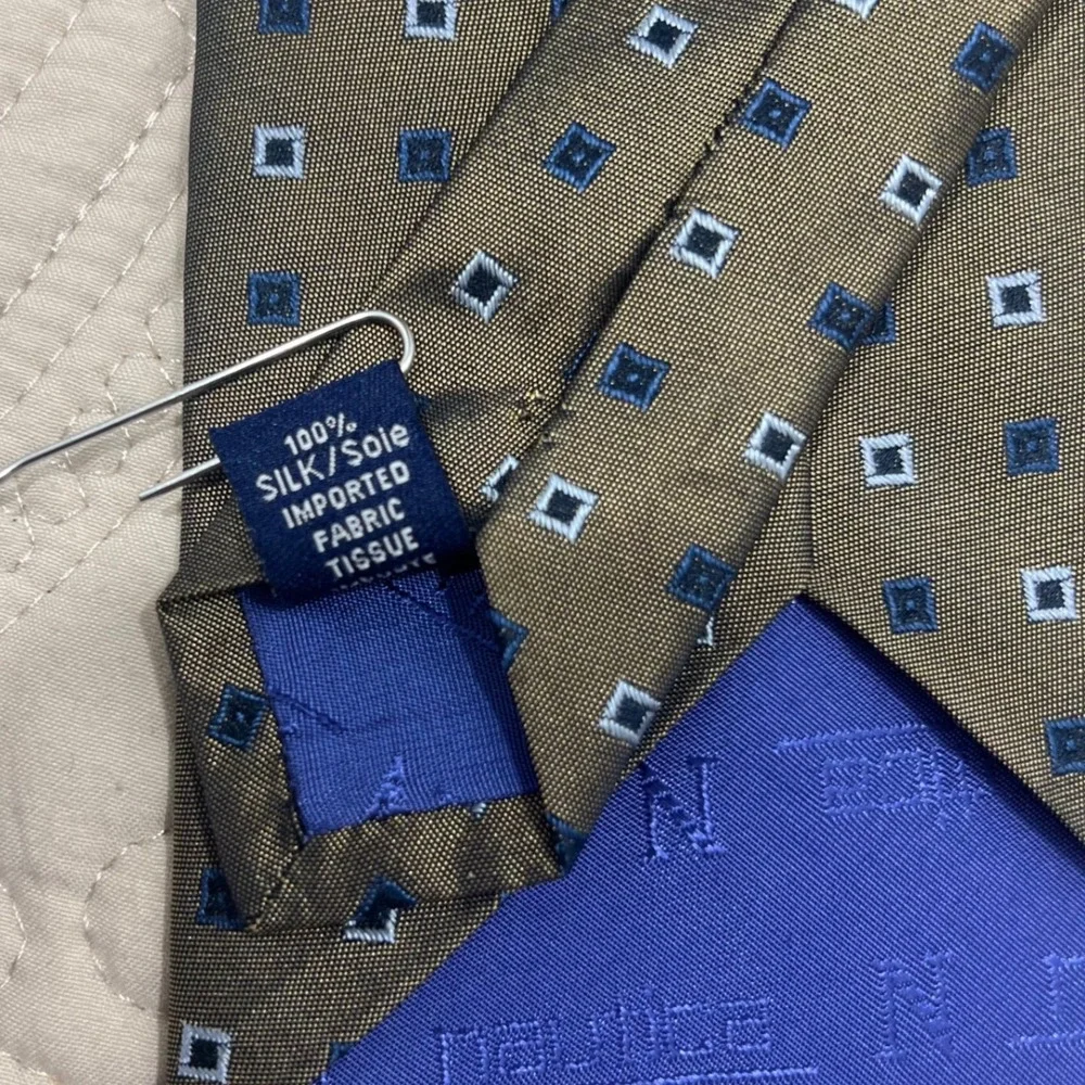 Nautica Mens Silk Tie Olive Green Blue Geometric‎ Square Pattern Classic Necktie